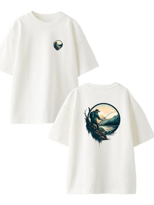Nmg Tekstil  Beyaz Oversize Pamuk Balıkçı Manzara Olta Ön Arka Baskılı Örme T-Shirt