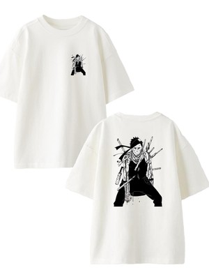 Nmg Tekstil  Beyaz Oversize Pamuk Dövüşçü Anime Ön Arka Baskılı Örme T-Shirt