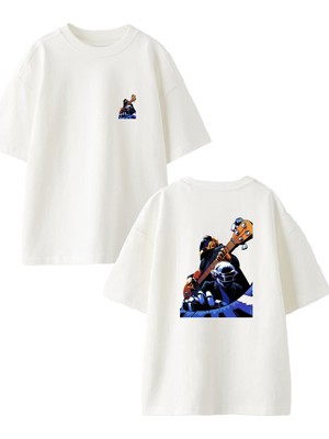 Nmg Tekstil  Beyaz Oversize Pamuk Elektro Pianist Ön Arka Baskılı Örme T-Shirt