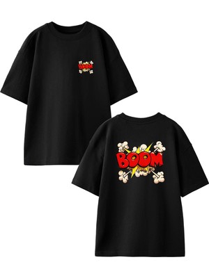Nmg Tekstil Siyah Oversize Pamuk Boom Danger Ön Arka Baskılı Örme T-Shirt