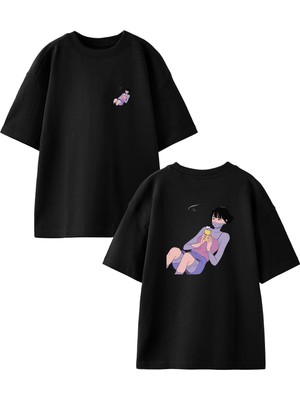 Nmg Tekstil Siyah Oversize Pamuk Telefonla Yatan Kız Ön Arka Baskılı Örme T-Shirt