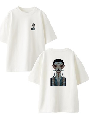 Nmg Tekstil Beyaz Oversize Pamuk Çok Gözlü Kadın Ön Arka Baskılı Örme T-Shirt