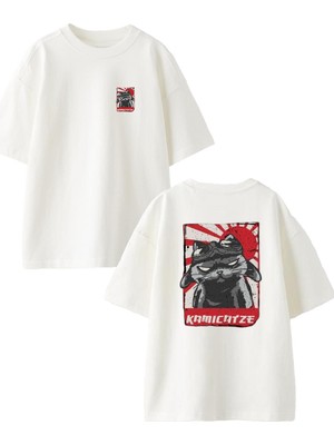 Nmg Tekstil Beyaz Oversize Pamuk Kamikatze Ön Arka Baskılı Örme T-Shirt