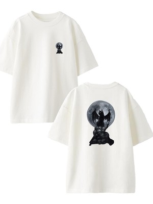 Nmg Tekstil Beyaz Oversize Pamuk Yarasa Kedi Ay Ön Arka Baskılı Örme T-Shirt