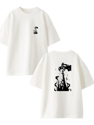Nmg Tekstil Beyaz Oversize Pamuk Samuray Kılıç Ön Arka Baskılı Örme T-Shirt