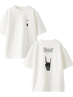 Nmg Tekstil Beyaz Oversize Pamuk Slipknot Yazı Kurukafa Ön Arka Baskılı Örme T-Shirt