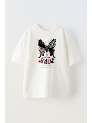 Nmg Tekstil Beyaz Oversize Pamuk Kelebek Yourself Baskılı Örme T-Shirt
