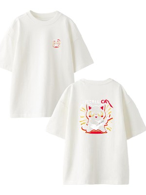 Nmg Tekstil  Beyaz Oversize Pamuk Kedi Metalicca Ön Arka Baskılı Örme T-Shirt
