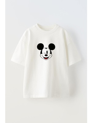 Nmg Tekstil Beyaz Oversize Pamuk Göz Kırpan Mouse Baskılı Örme T-Shirt