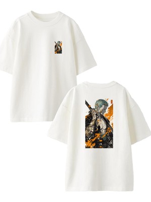 Nmg Tekstil Beyaz Oversize Pamuk Alevler Içinde Savaşçı Ön Arka Baskılı Örme T-Shirt