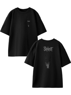 Nmg Tekstil Siyah Oversize Pamuk Slipknot Yazı Kurukafa Ön Arka Baskılı Örme T-Shirt