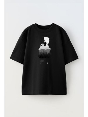 Nmg Tekstil Siyah Oversize Pamuk Zirve Tırmanış Spor Baskılı Örme T-Shirt