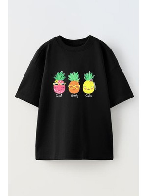 Nmg Tekstil Siyah Oversize Pamuk Ananas Cool Baskılı Örme T-Shirt