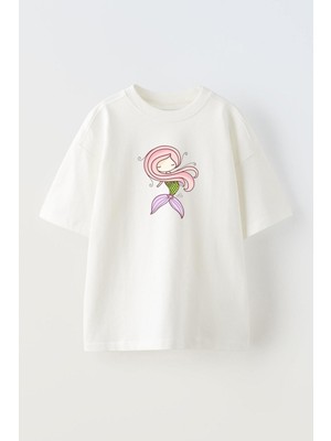 Nmg Tekstil Beyaz Oversize Pamuk Pembe Saçlı Deniz Kızı Baskılı Örme T-Shirt