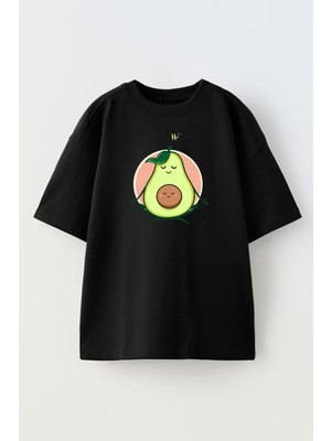 Nmg Tekstil Siyah Oversize Pamuk Avakado Yoga Yapan Baskılı Örme T-Shirt