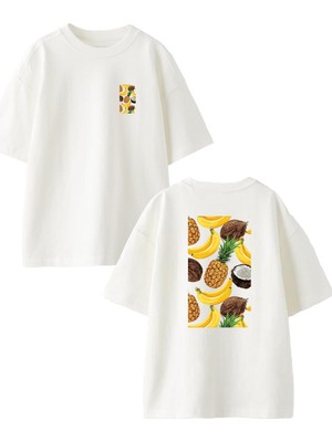 Nmg Tekstil Beyaz Oversize Pamuk Hindistan Cevizi Muz Ön Arka Baskılı Örme T-Shirt