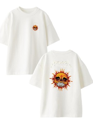Nmg Tekstil Beyaz Oversize Pamuk Metallica Güneş Kurukafa Ön Arka Baskılı Örme T-Shirt