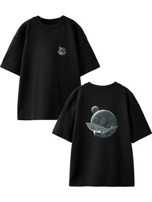 Nmg Tekstil Siyah Oversize Pamuk Dünya Balina Ön Arka Baskılı Örme T-Shirt
