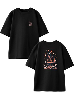 Nmg Tekstil Siyah Oversize Pamuk Tatlı Kız Çocuğu Ön Arka Baskılı Örme T-Shirt