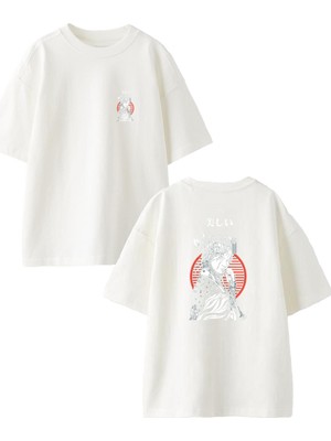 Nmg Tekstil Beyaz Oversize Pamuk Xlm Kadın Ön Arka Baskılı Örme T-Shirt