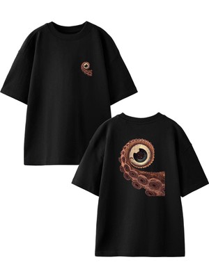 Nmg Tekstil Siyah Oversize Pamuk Ahtapot Göz Kol Ön Arka Baskılı Örme T-Shirt