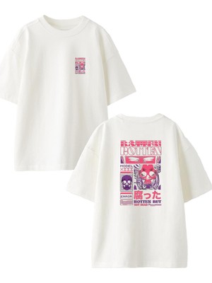 Nmg Tekstil  Beyaz Oversize Pamuk Botten Poster Pembe Ön Arka Baskılı Örme T-Shirt