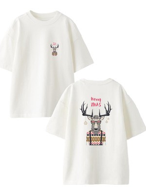 Nmg Tekstil  Beyaz Oversize Pamuk Marry Xmas Geyik Ön Arka Baskılı Örme T-Shirt
