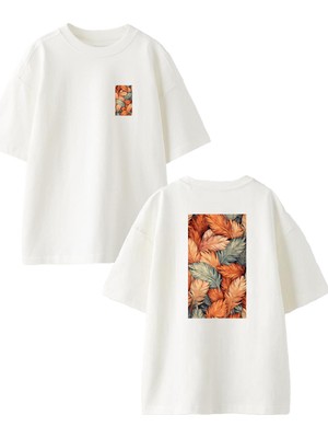 Nmg Tekstil Beyaz Oversize Pamuk Renkli Kuş Tüyleri Ön Arka Baskılı Örme T-Shirt