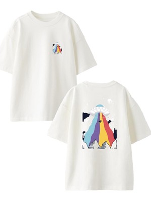 Nmg Tekstil Beyaz Oversize Pamuk Uzay Gemisi Ön Arka Baskılı Örme T-Shirt