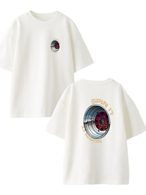 Nmg Tekstil Beyaz Oversize Pamuk Spinıt Ön Arka Baskılı Örme T-Shirt