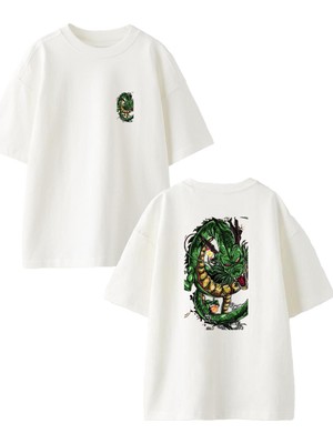 Nmg Tekstil Beyaz Oversize Pamuk Dragon Yeşil Ön Arka Baskılı Örme T-Shirt