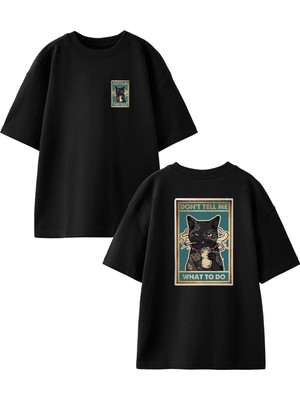 Nmg Tekstil Siyah Oversize Pamuk Dont Tell Me Cat Ön Arka Baskılı Örme T-Shirt