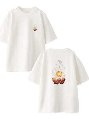 Nmg Tekstil Beyaz Oversize Pamuk Avuçta Alev Yanıyor Ön Arka Baskılı Örme T-Shirt
