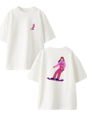 Nmg Tekstil Beyaz Oversize Pamuk Snow Board Kadın Ön Arka Baskılı Örme T-Shirt