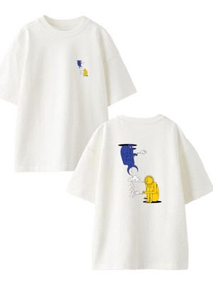 Nmg Tekstil Beyaz Oversize Pamuk Güneş Yağmur Desen Ön Arka Baskılı Örme T-Shirt
