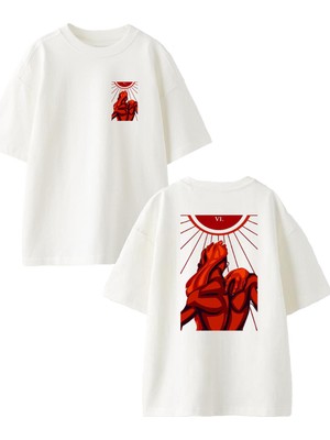 Nmg Tekstil Beyaz Oversize Pamuk Güneş Adam Sarılma Ön Arka Baskılı Örme T-Shirt