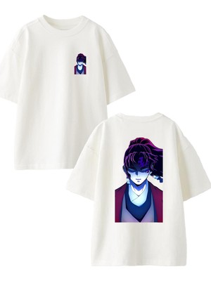 Nmg Tekstil Beyaz Oversize Pamuk Mor Anime Uzun Saçlı Dövüşçü Ön Arka Baskılı Örme T-Shirt