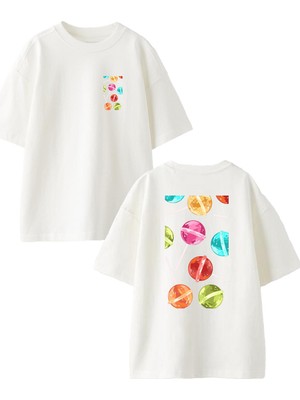 Nmg Tekstil Beyaz Oversize Pamuk Renkli Lolipop Ön Arka Baskılı Örme T-Shirt