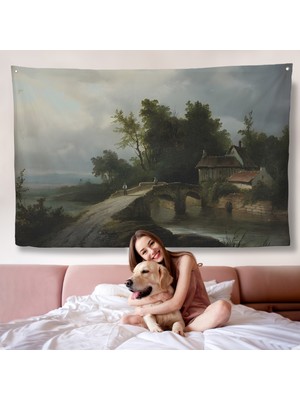 Harita Sepeti 19. Yüzyılın Başları Köprülü Fransız Köy Okulu Manzara Duvar ÖRTÜSÜ-7015