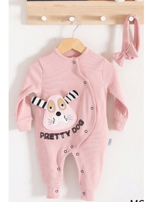 Candar 3-6-9-12-18 Ay Kız Bebek Tulumu Pretty Dog Nakışlı Bandanalı %100 Pamuk Gül Kurusu