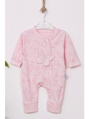 Candar 3-6-9 Ay Kız Bebek Tulumu Kelebek Nakışlı %100 Pamuk Ayaklı Pembe