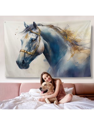 Harita Sepeti Altın Detaylı Beyaz At Duvar ÖRTÜSÜ-7278