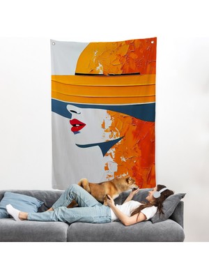 Harita Sepeti Turuncu Şapkalı Retro Kadın Duvar ÖRTÜSÜ-7615