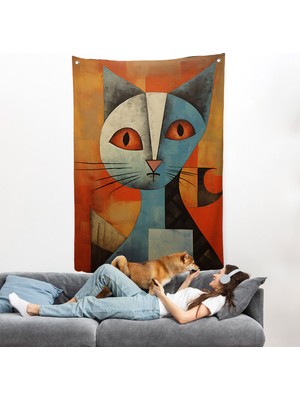 Harita Sepeti Pablo Picasso Tarzı - Soyut Renkli Kedi Duvar ÖRTÜSÜ-7373
