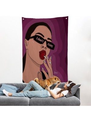 Harita Sepeti I Don't Care - Umrumda Değil Yazan Pop Art Kadın Duvar ÖRTÜSÜ-7681