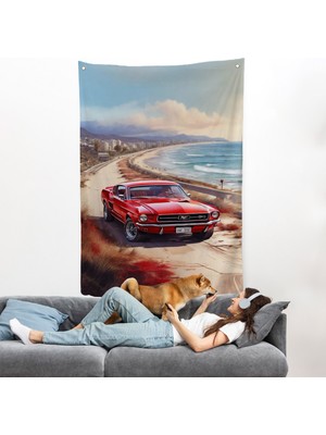 Harita Sepeti Sahil Kenarındaki Kırmızı Mustang Duvar ÖRTÜSÜ-7770