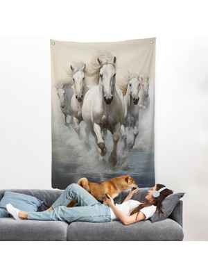 Harita Sepeti Suda Koşan Beyaz Atlar Duvar ÖRTÜSÜ-8000