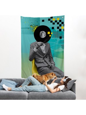 Harita Sepeti Plak Kafalı Adam Pop Art Duvar ÖRTÜSÜ-7877