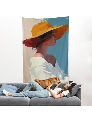 Harita Sepeti Sarı Şapkalı Soyut Kadın Duvar ÖRTÜSÜ-7631