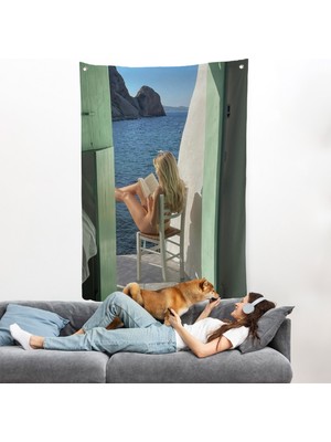 Harita Sepeti Sahildeki Evınde Kitap Okuyan Kadın Duvar ÖRTÜSÜ-7777